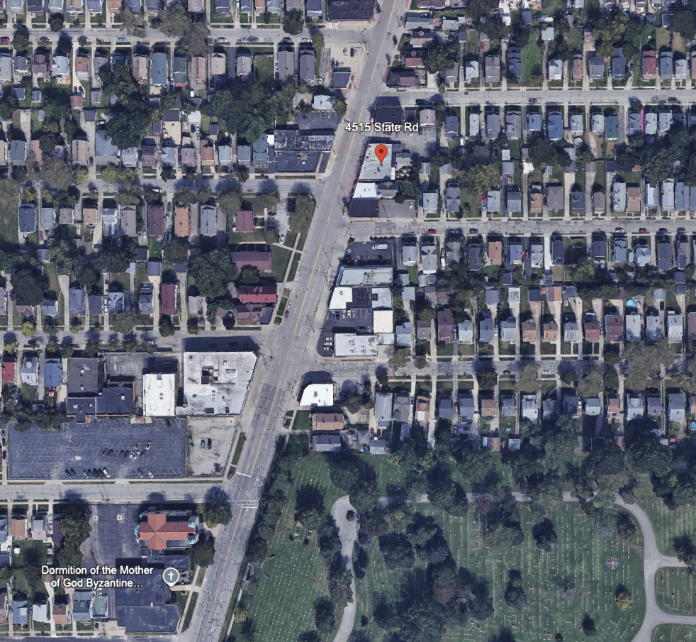 Overhead satellite view of Cleveland Maennerchor at 4515 State Rd showing building, parking lot, and surrounding streets
